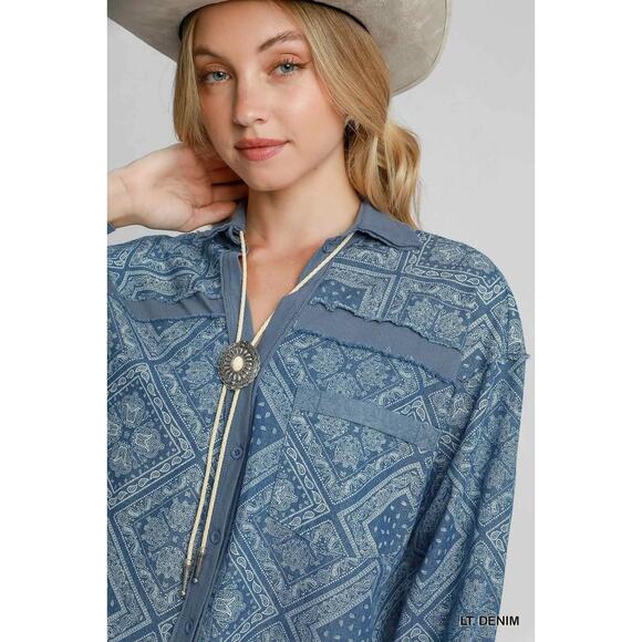 Umgee Paisley Pattern Long Sleeves Buttoned Relaxed Fit Light Denim Shirt Jacket - Picture 6 of 7